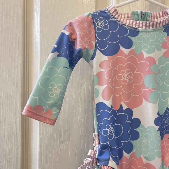 RuffleButts Pastel Petals Long Sleeve One-Piece Rashguard Swimsuit Girls 6-12 M - Picture 3 of 15